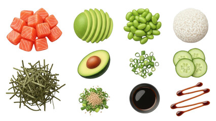 Collection of fresh ingredients for poke bowl isolated on transparent background