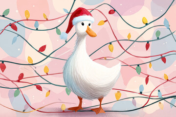 Fototapeta premium Festive Goose in Santa Hat Amidst Christmas Lights