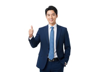 Smiling young businessman in blue suit giving a thumbs up gesture isolated on white background