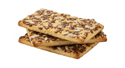 Stack of delicious chocolate chip and nut bars on transparent background