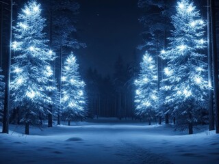 Magical winter night scene with snowcovered pine trees illuminated by bright blue christmas lights in a forest