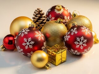 Assortment of shiny red and gold christmas ornament baubles and a pine cone arranged together for holiday decoration