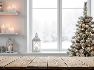 Wooden table foreground with blurred cozy christmas scene featuring a snowy window view and lit tree