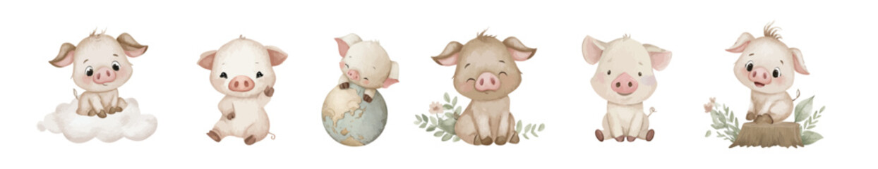 Watercolor Cute Piglet Characters for Kids, Baby Farm Animal Clipart Set in Soft Pastel Style, Sweet Nursery Illustration Collection, Collection of Vector illustrations. Perfect for invitation, card