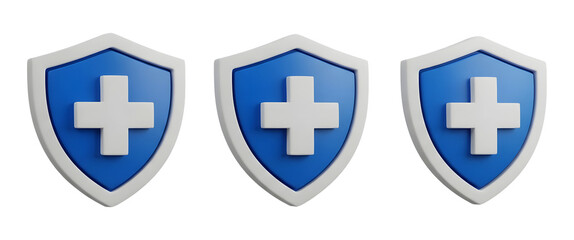 Obraz premium Three Blue Medical Shield Icons with White Cross PNG Transparent 