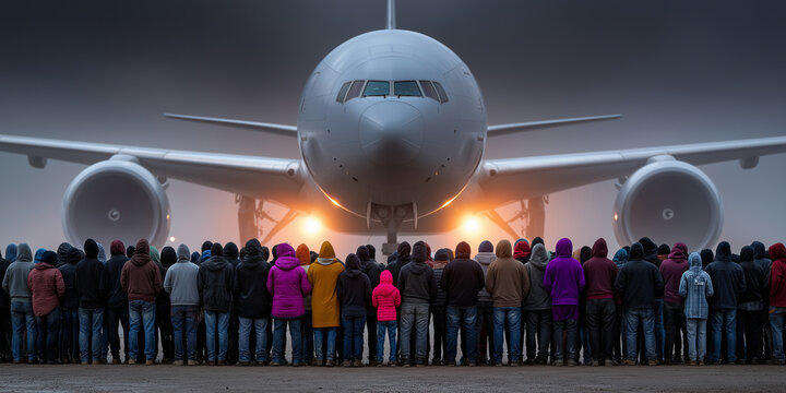 Migranten warten auf Abschiebung am Flughafen vor Abschiebeflieger