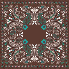 Western bandana with paisley pattern. Floral design for scarves, fabric, and textile backgrounds. retro bandanna print in brown and blue tones, featuring ethnic ornaments and abstract swirls.