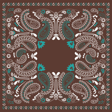 Western bandana with paisley pattern. Floral design for scarves, fabric, and textile backgrounds. retro bandanna print in brown and blue tones, featuring ethnic ornaments and abstract swirls.