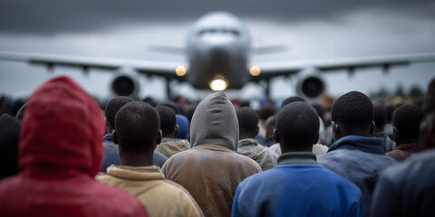 Migranten warten auf Abschiebung am Flughafen vor Abschiebeflieger
