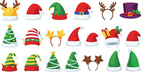 Set of Cartoon Christmas Hats and Headbands Vector Collection, Santa, Elf, Reindeer Antlers, and Tree Designs, Festive Holiday Costumes for Celebration, Winter, and New Year
