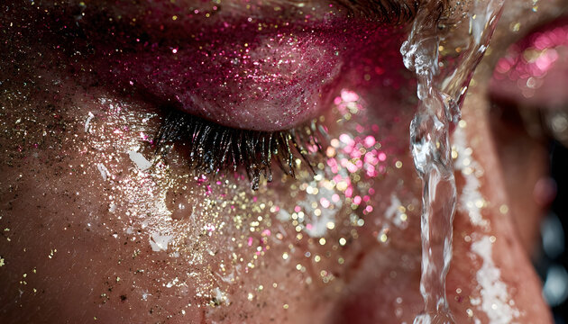 Woman's closed eye and face with sparkling pink and gold glitter makeup, stream of water washing over her skin, creating an abstract and refreshing beauty portrait