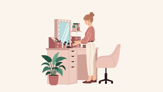 Woman at vanity table getting ready using makeup cosmetics for her daily lifestyle