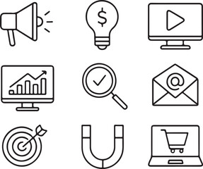  Digital marketing, SEO, and business advertising line icons set.