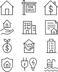 Real estate, property sale, and housing investment line icons set