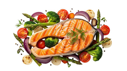 Grilled salmon steak with roasted vegetables isolated on transparent background