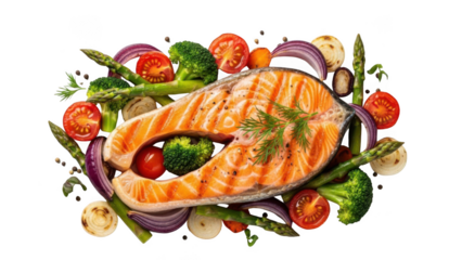 Grilled salmon steak with roasted vegetables isolated on transparent background