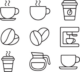 Coffee shop, cafe equipment, and hot beverage line icons set.