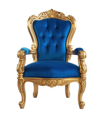 Ornate blue velvet throne chair with gold frame isolated on a transparent background
