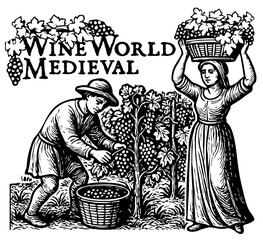 Vintage-style illustration of people harvesting grapes.Traditional woodcut look, rural agriculture scene, grape picking and vineyard work depicted in a classic black-and-white engraving graphic style.