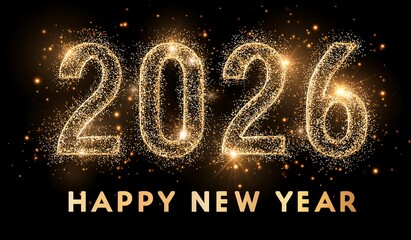 A golden fireworks display forms the number "2026" on a black background, with text below saying "happy new year." the numbers have a gold metal texture and sparkling effects.