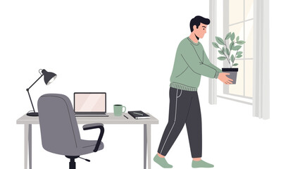 A man moving a potted plant in his workspace near a window, office theme