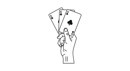a hand holding playing cards depicted in a stark black and white line drawing silhouette