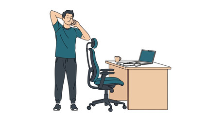 A man stretching near his desk with a laptop and coffee cup during a break time