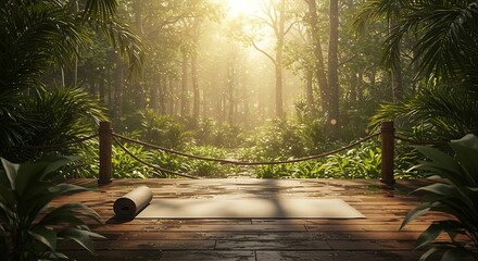 Serene jungle retreat deck with yoga mat under golden sunlight
