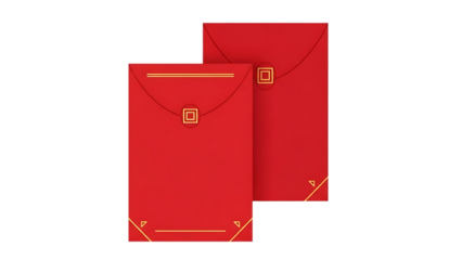 Two traditional red envelopes with gold details isolated on transparent background