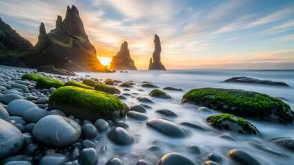 Dramatic Reynisdrangar sea stacks on a black sand beach illuminated by a vibrant sunset showcasing an iconic Icelandic landscape