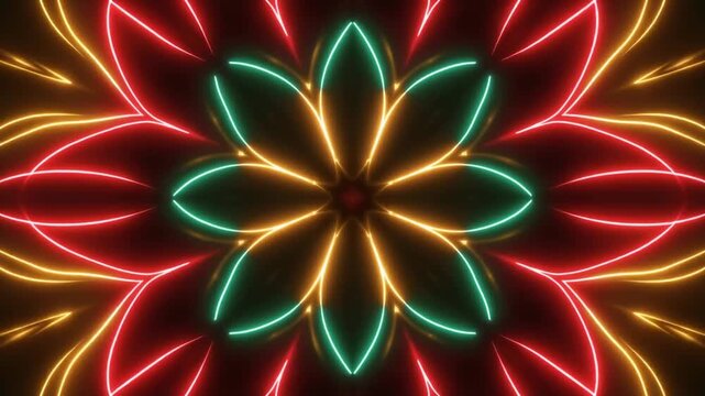 Mandala psicod&eacute;lico de luces de colores que se expande desde el centro en patrones fluidos y vibrantes, ideal para m&uacute;sica, arte digital y visuales hipn&oacute;ticos.
