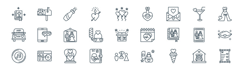 linear wedding icon pack. vector thin line icons collection such as home, mailbox, champagne, cocktails, wedding rings, lips, marriage, wedding invitation