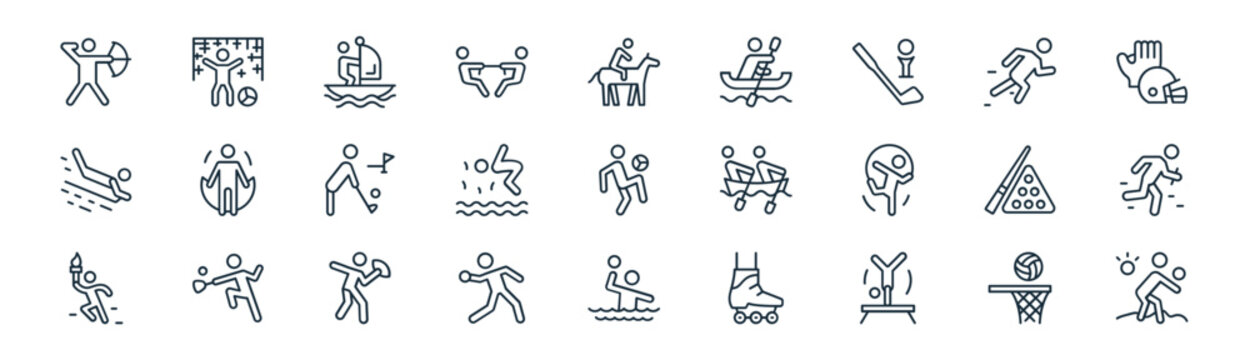 linear s icon pack. vector thin line icons collection such as basketball, football, sailing, sprinting, diving, relay race, water polo, volleyball