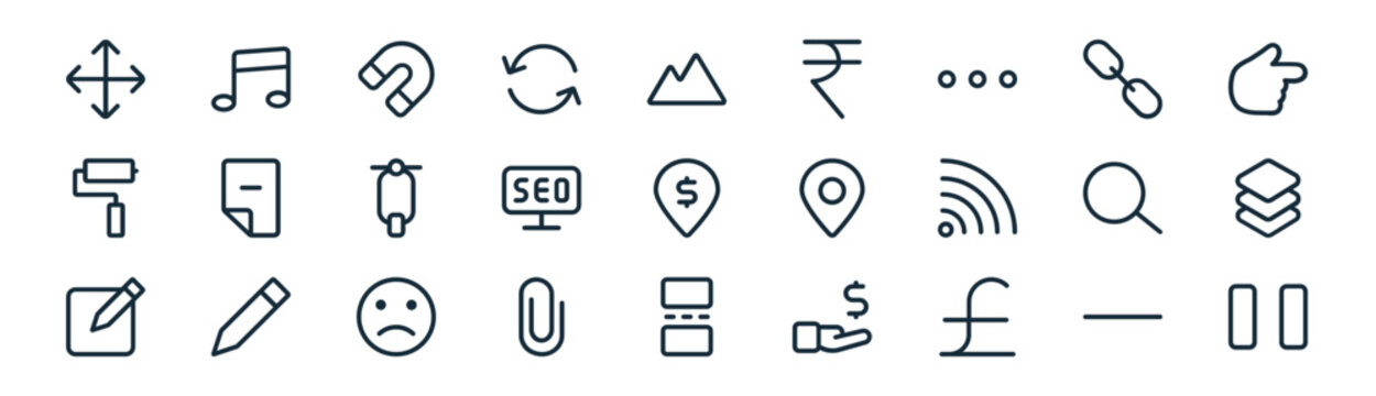 linear ui essential color icon pack. vector thin line icons collection such as minus, music, magnet, link, seo, layer, page, pause