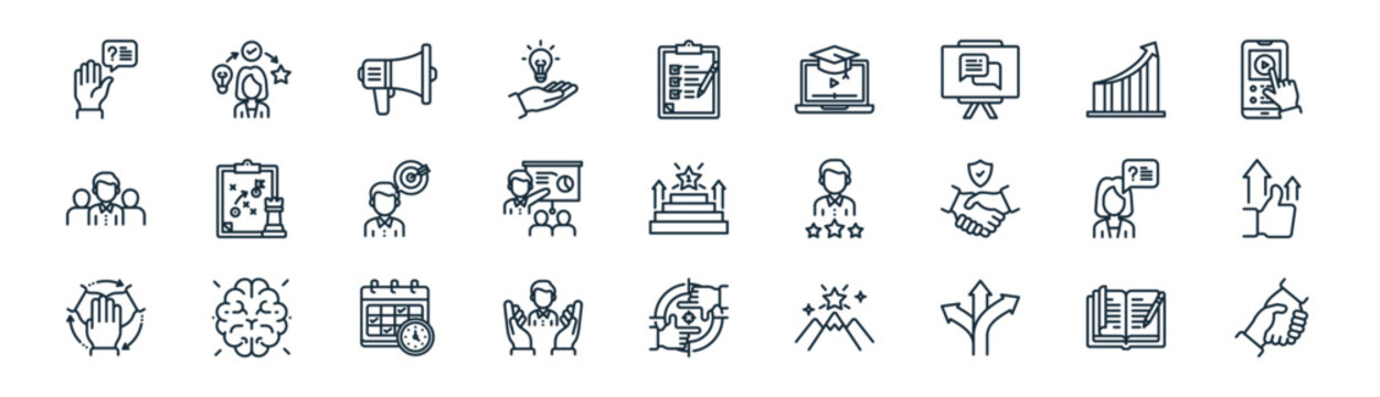 linear mentoring and training icon pack. vector thin line icons collection such as homework, experience, megaphone, growth, presentation, motivation, focus, support