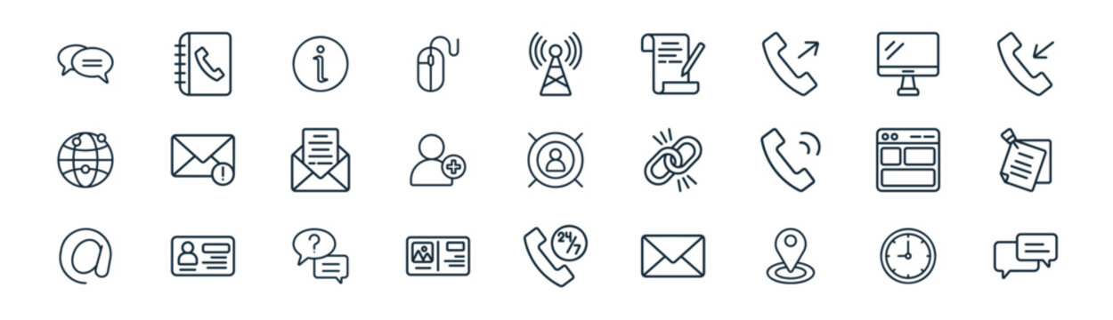 linear contact us icon pack. vector thin line icons collection such as clock, phone book, info, computer, add user, sticky notes, hours, chat