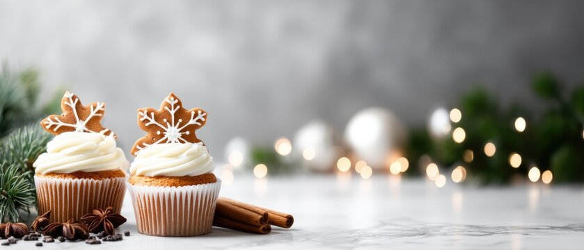 Chocolate cupcakes topped with rich frosting and snowflake decorations create a warm festive mood for the holiday season - Powered by Adobe