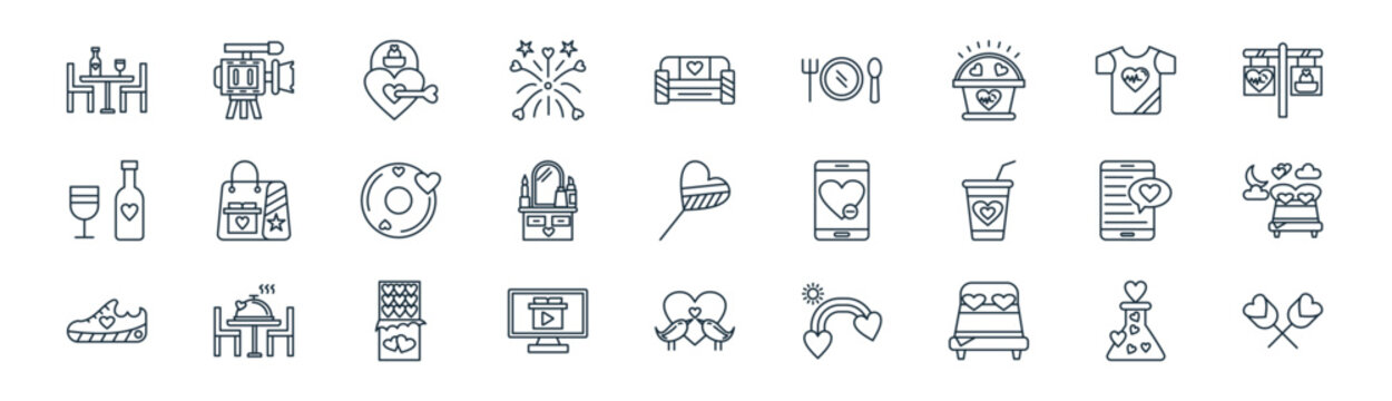 linear wedding icon pack. vector thin line icons collection such as flask, video camera, love key, shirt, makeup, night, love birds, rose