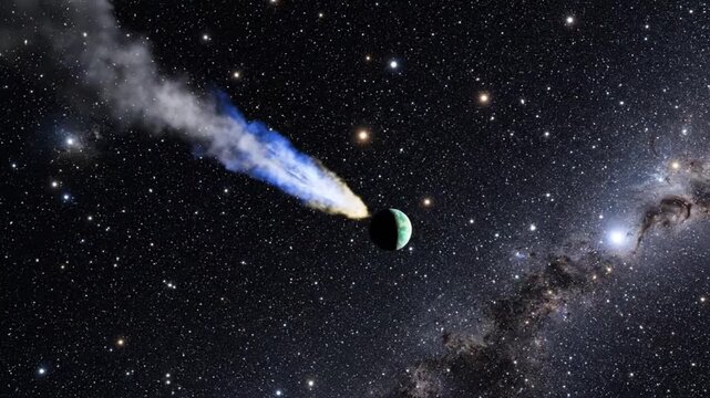 Asteroide atravesando el espacio profundo a gran velocidad, con estelas luminosas y fondo estelar, ideal para ciencia ficci&oacute;n, astronom&iacute;a o efectos c&oacute;smicos.