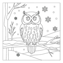 Winter Owl Sitting on Snowy Tree Branch – Detailed Line Art Illustration with Snowflakes and Forest Landscape, Perfect for Coloring Pages, Wildlife Themes and Seasonal Graphic Resources