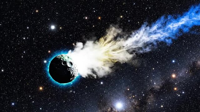 Asteroide atravesando el espacio profundo a gran velocidad, con estelas luminosas y fondo estelar, ideal para ciencia ficci&oacute;n, astronom&iacute;a o efectos c&oacute;smicos.