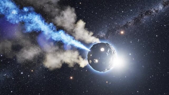Asteroide atravesando el espacio profundo a gran velocidad, con estelas luminosas y fondo estelar, ideal para ciencia ficci&oacute;n, astronom&iacute;a o efectos c&oacute;smicos.