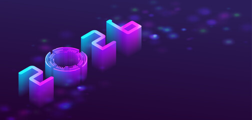 Happy New Year 2026 isometric banner in technology style. Ai holidays new year vector background with circuit circle. Happy holiday high tech design. Neon lamp number of 2026 NEW YEAR.