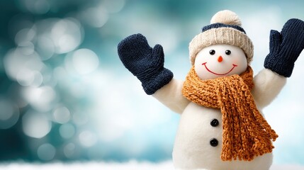 A cheerful snowman stands proudly in a snowy landscape, dressed in a bright scarf and hat, surrounded by white snow under a clear sky