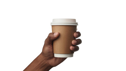 Hand holding brown paper coffee cup isolated on a transparent background