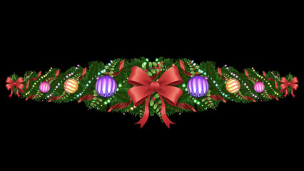 A horizontal swag of greenery features a massive red bow. Colorful striped ornaments dangle from the festive pine branch arrangement.