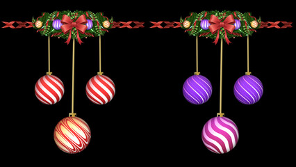A horizontal arrangement of pine and ribbon sits at the top. Three candy cane colored balls hang below.