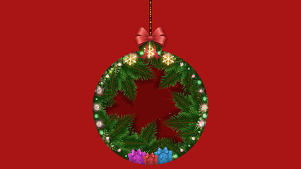 A large circle cut into a red background reveals a forest scene. Gifts and pine branches fill the shape of a hanging ornament.