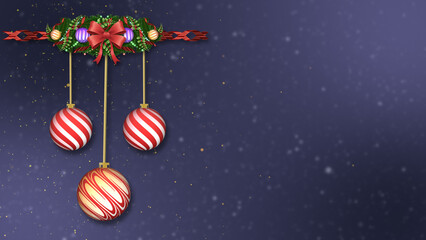 A festive garland spans the top with three dangling balls. Snow particles float against a dark gradient backdrop.