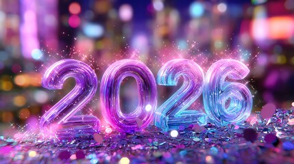 Happy New Year celebration card with purple fireworks, stars, and the number 2026 vector illustration design for the winter holiday greeting